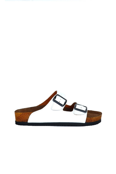 Bueno Shoes White Open Leather Women's Flat Slippers 05Wt100