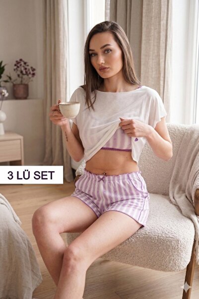 LULUS FRİENDS 3'lü Set Kısa Kollu Crop Top + Bralet + Şort Premium Viskon Çiz...