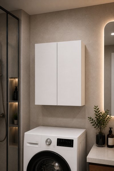 DUYAMO 3 Raflı Çok Amaçlı Banyo Dolabı Mat Beyaz MDF Lam 69x55x25 cm Yavaşlatıcılı Kapaklı Duvar Dolabı