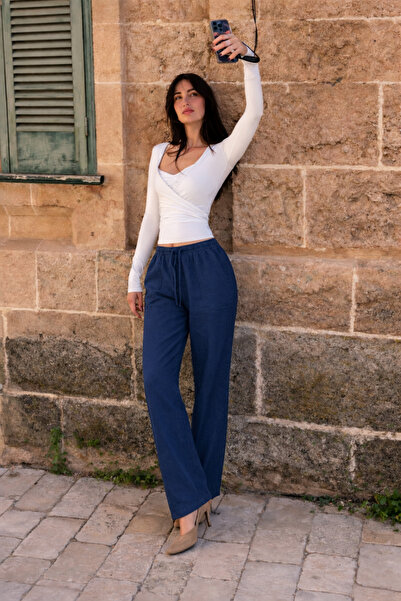 DAMGA JEANS Γυναικείο λινό παντελόνι Jogger με ελαστική μέση σε σκούρο μπλε χ...