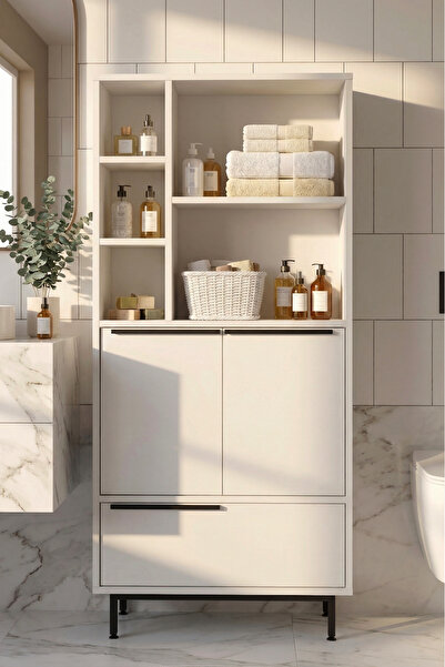 Yurudesign Ocean Banyo Dolabı Çok Amaçlı Dolap 3 Kapaklı Metal Ayaklı Beyaz O...