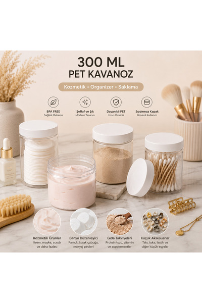 makrobay 300 ml - Şeffaf Pet Plastik Kavanoz - Beyaz Kapak - 5 Adet