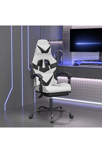 Concept Scaun de gaming cu suport picioare, alb/negru, piele ecologică