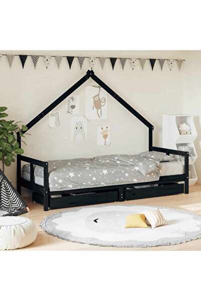 Concept Cadru pat copii cu sertare, negru, 80x200 cm, lemn masiv de pin