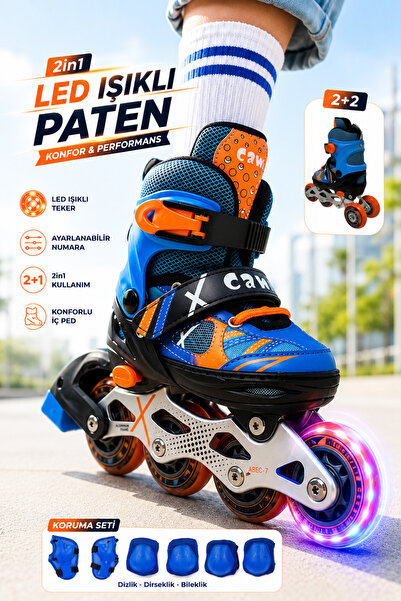 YILDIRIM OYUNCAK 2in1 LED Işıklı Çocuk Pateni + Koruyucu Set (Dizlik Dirsekli...