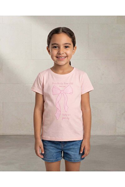 REDTAG Girls Pink Bow Placement Print Short Sleeve T-Shirt