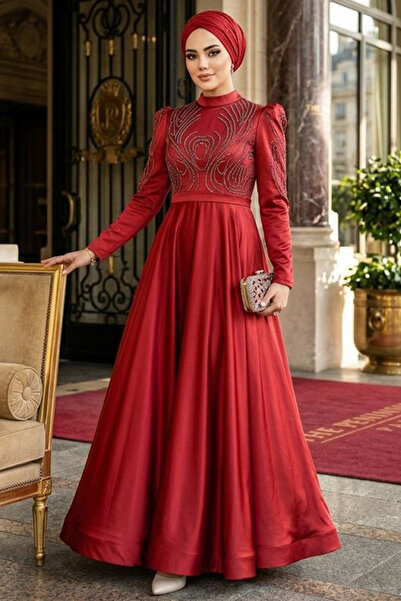 Neva Style Boncuk İşlemeli Bordo Saten Tesettür Abiye Elbise 23191BR