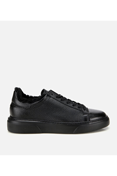 Hotiç Men's Leather Black Fur Lined Flat Casual Shoes
