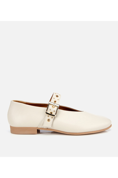 Hotiç Women's Leather Ecru Mary Jane Belted Ballerinas