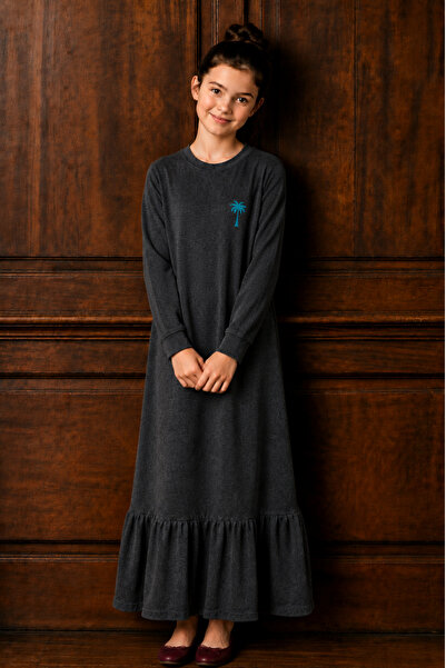 Angel&Co. Girls Clothing Kız Çocuk Gri Uzun Kollu Maksi Tesettür Penye Elbise