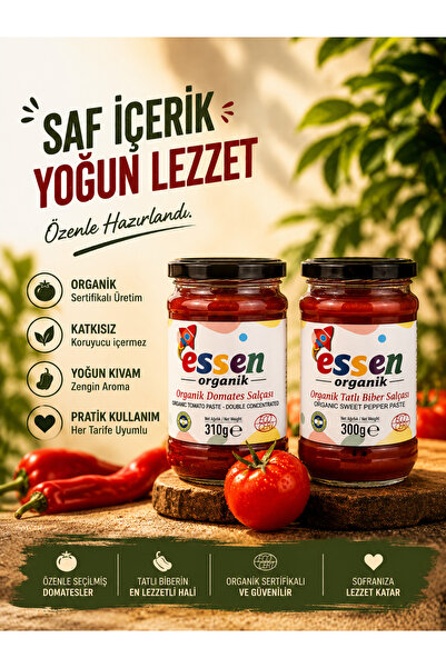 Essen Organik Organik Tuz İlavesiz 2’li Domates ve Tatlı Biber Salçası Seti 3...