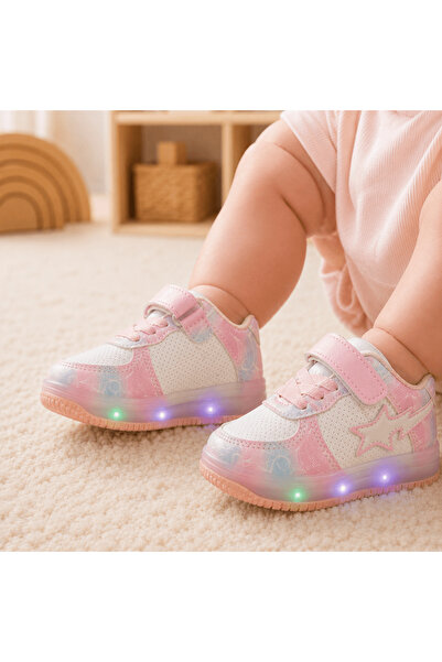 Kidohug Pantofi copii cu lumini LED, Inchidere velcro, Alb/Roz, 21EU