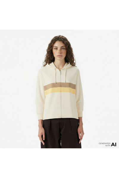 Lacoste Kadın Relaxed Fit Kapüşonlu Renk Bloklu Krem Sweatshirt