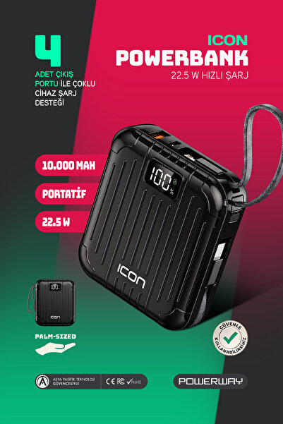 POWERWAY 10.000 mAh PD 22.5 W Hızlı Şarj Gerçek 10.000 mAh Garantili Led Fene...