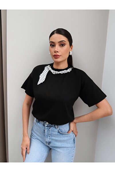 ESRAHELVACI Tricou modal cu guler și eșarfă perlată