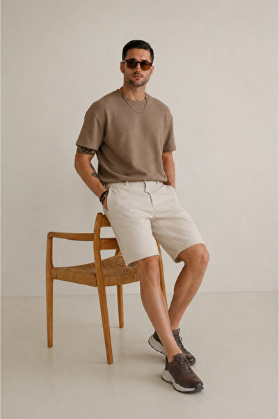 BRACCAS Erkek Yandan Cepli Klasik Bel Slim Fit Chino Şort Bej