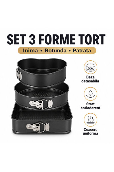 iTin Set 3 Forme Tort – Inimă, Rotund, Pătrat, Teflon, Bază Detasabilă, Negru
