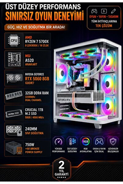 Apphirex TCW10 Ryzen 7 5700X 32GB 1TB M.2 SSD RTX5060 8GB Sıvı Soğutmalı Beya...