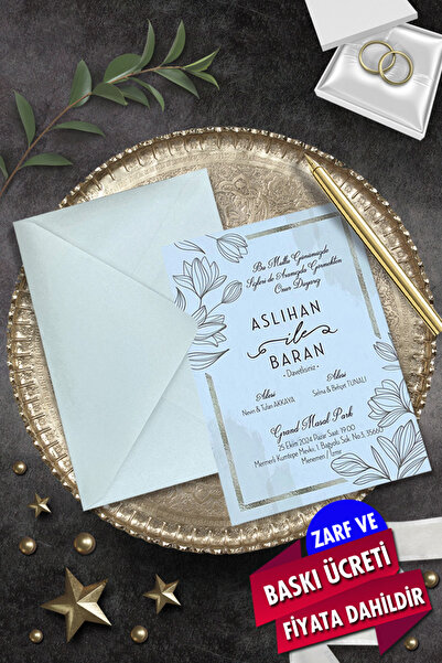 Cem Davetiye Düğün Nişan Nikah Kına Davetiyesi 7063 (100 ADET) Baskı Dahil