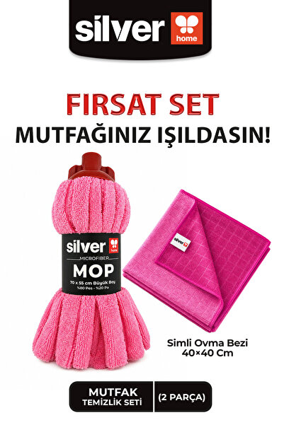 SİLVER HOME Mikrofiber Süper Emici Sık Dokulu Pembe 70×55 Cm Mop Başlığı ve P...