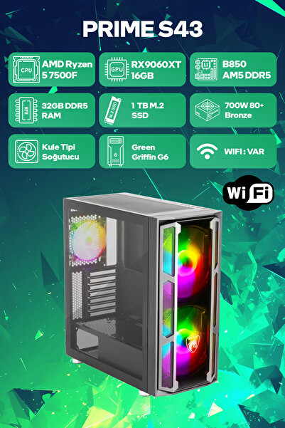 Game Garaj Prime S43 AMD Ryzen 5 7500F 32GB RAM 1TB SSD RX9060XT 16GB FreeDOS...