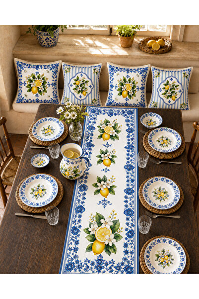 Bebişim Halı Set de huse de pernă decorativă Blue White Lemon Runner și set d...