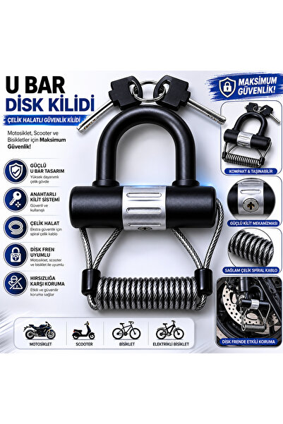 lawrenceshop U Bar Disk Kilidi siyah Hatırlatma Kablolu Motosiklet Güvenlik K...