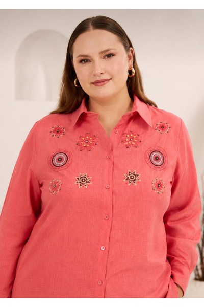 OYERGA MODA Women's Plus Size Coral Embroidered Relaxed Fit Shirt