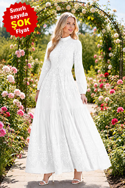 Muslima Wear فستان نسائي من بيرلا بيانكا مزين بالزهور وأزرار لؤلؤية