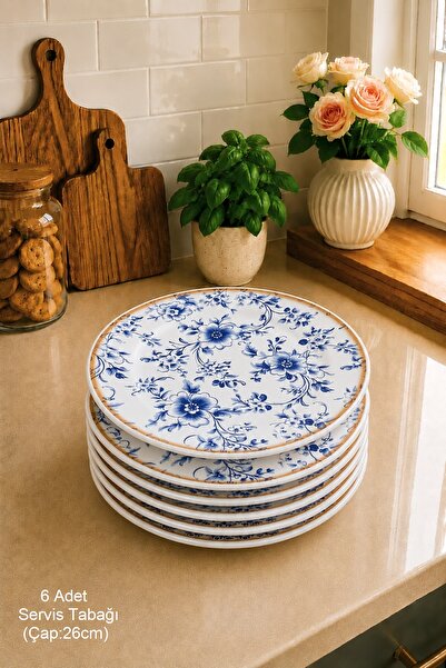 Pinkev Blossom 6-Person Ceramic Serving Presentation Plate Set - 26cm
