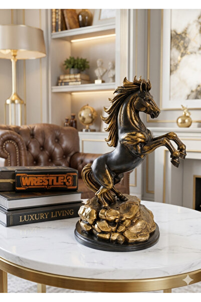 prestij3d design Şahlanan At Heykeli Gold Detaylı Salon Ofis Dekoru Premium Seri