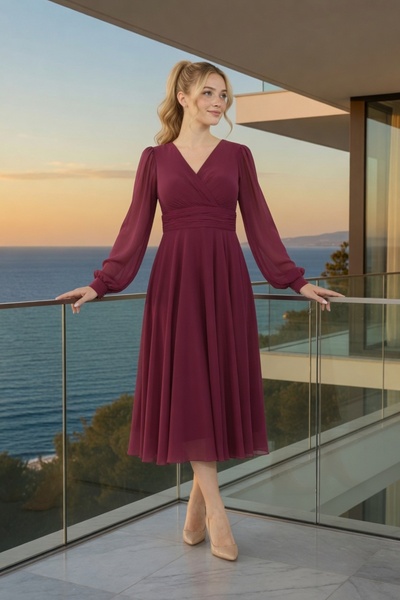 FaBe Fashion Long-sleeved, backless, wrap-around midi chiffon dress