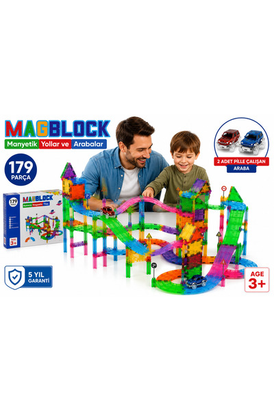 Magblock 179 Parça Manyetik Yollar ve Arabalar Oyun Seti - Eğitici Oyuncak