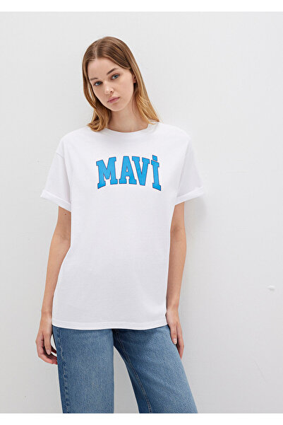 Mavi Logo Baskılı Beyaz Tişört Oversize / Geniş Kesim 1600843-70000