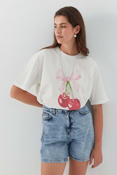 MARKALİSTE Kiraz Desenli T-Shirt Ekru