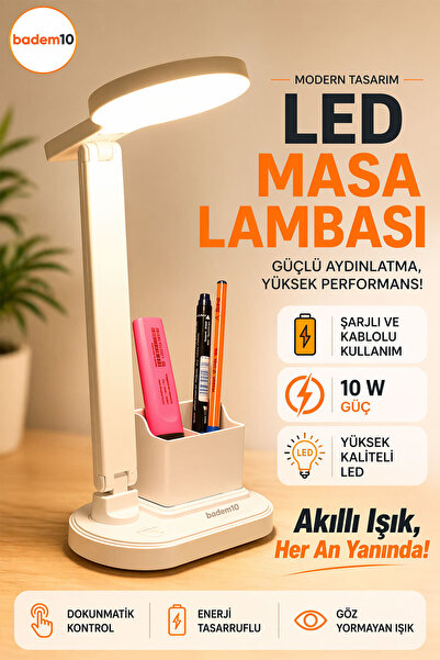 Badem10 Şarjlı Dokunmatik Ledli 3 Renk Kademeli Işık Masa Üstü Lambası 10w Ço...