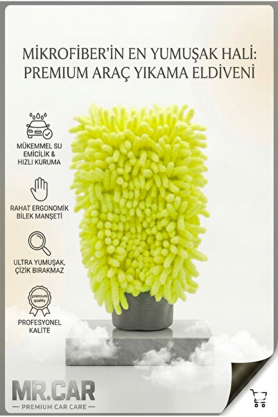 Mr.Car Premium Şönil Mikrofiber Araç Yıkama Eldiveni - Çizmez, Ultra Emici, B...