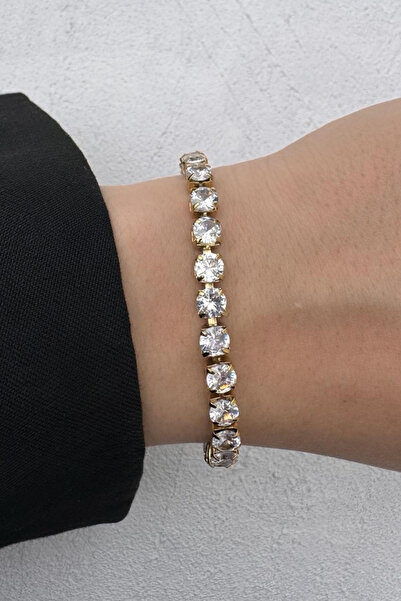 Leo'Stone 4mm Zirkon Taşlı Gold Kaplama Su Yolu Kadın Çelik Bileklik Altın Kararmaz Renk Atmaz
