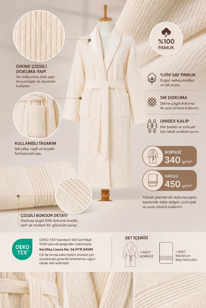 Ellaline Striped Bathrobe Set 100% Cotton Certified 2 Pieces, Shalyaka Bathrobe and Head Towel Set Cream