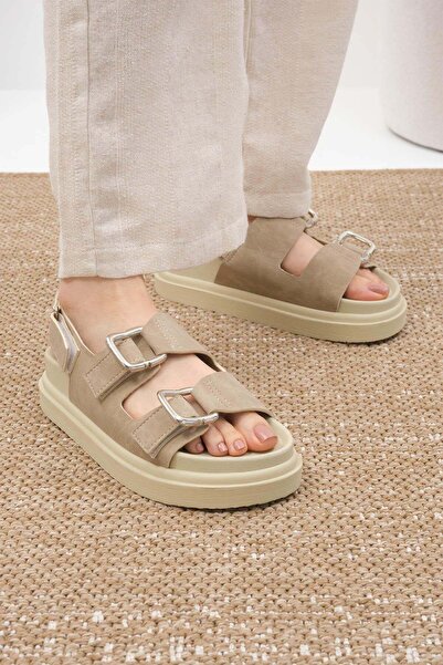 Mio Gusto Γυναικεία πέδιλα Misha Beige Color Double Buckle