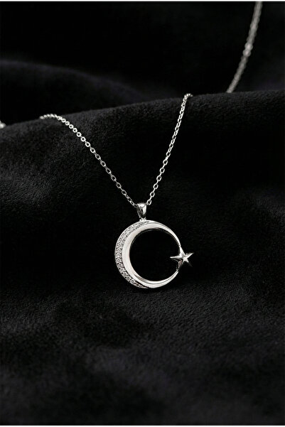 Roza Silver 925 Ayar Zirkon Taşlı Rodyum Ay Yıldız Bayrak Gümüş Kolye