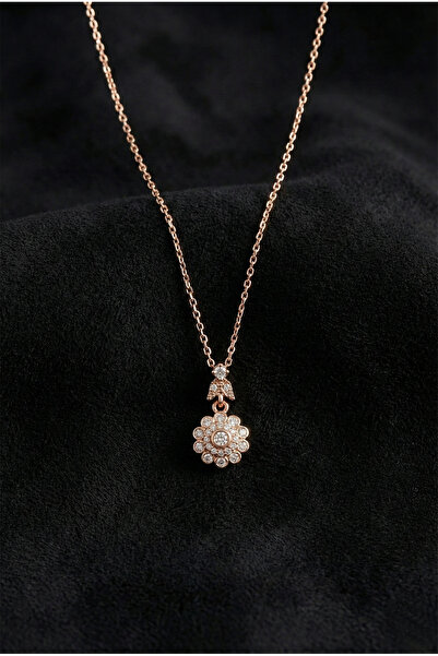 Roza Silver 925 Ayar Zirkon Taşlı Rose Elmas Montür Çiçek Gümüş Kolye