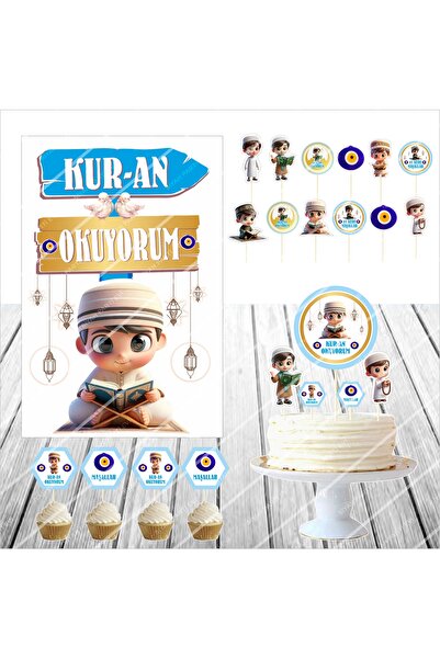 SİYAH PARTİ EVİ KURAN OKUYORUM / KURAN PARTİSİ ERKEK Panosu / Pasta Süsü Seti