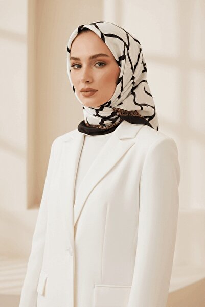 Vissona % 57 İPEK % 43 VİSKON Twill Taş Desenli Krem - Siyah Renkli 90x90 Eşa...