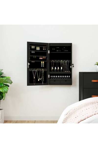 Concept Wall-mounted jewelry cabinet with mirror and LED lights, black