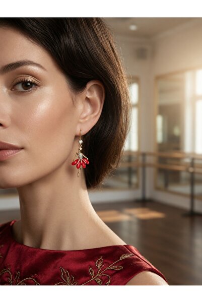 AlminaMia Gold Red Ballerina Design Earrings Nickel-Free Evening Elegance Sum...