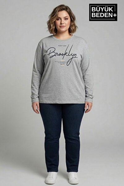 Süperlife Women's Large Size Handwritten Brooklyn Printed 2 Thread Crew Neck ...