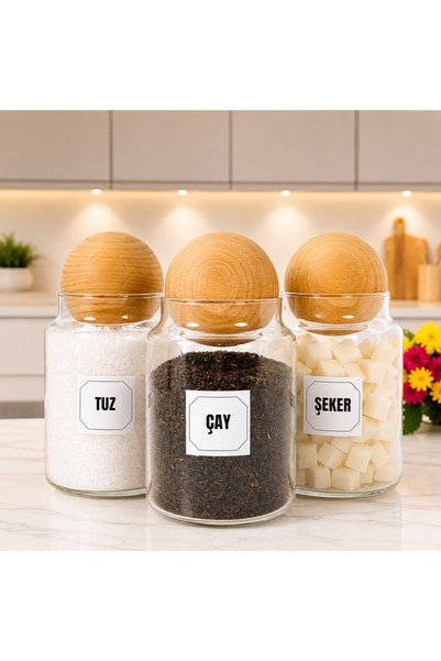 mafa home 3'lü Ahşap Top Kapaklı Cam Çay Tuz Şeker Saklama Kavanozu Seti 800 ...