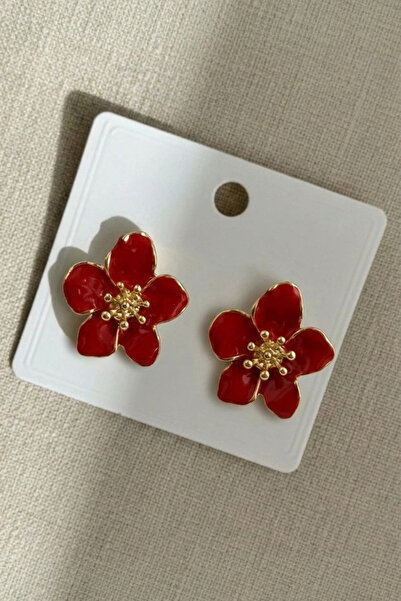 Crc Bijuteri Flower Patterned Red Color Women's Earrings