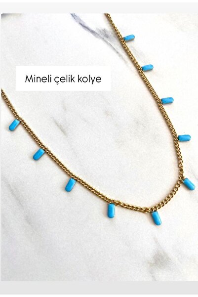 Lilyum Aksesuar ÇELİK Mavi Mineli Altın Renk Çelik Zincir Kolye